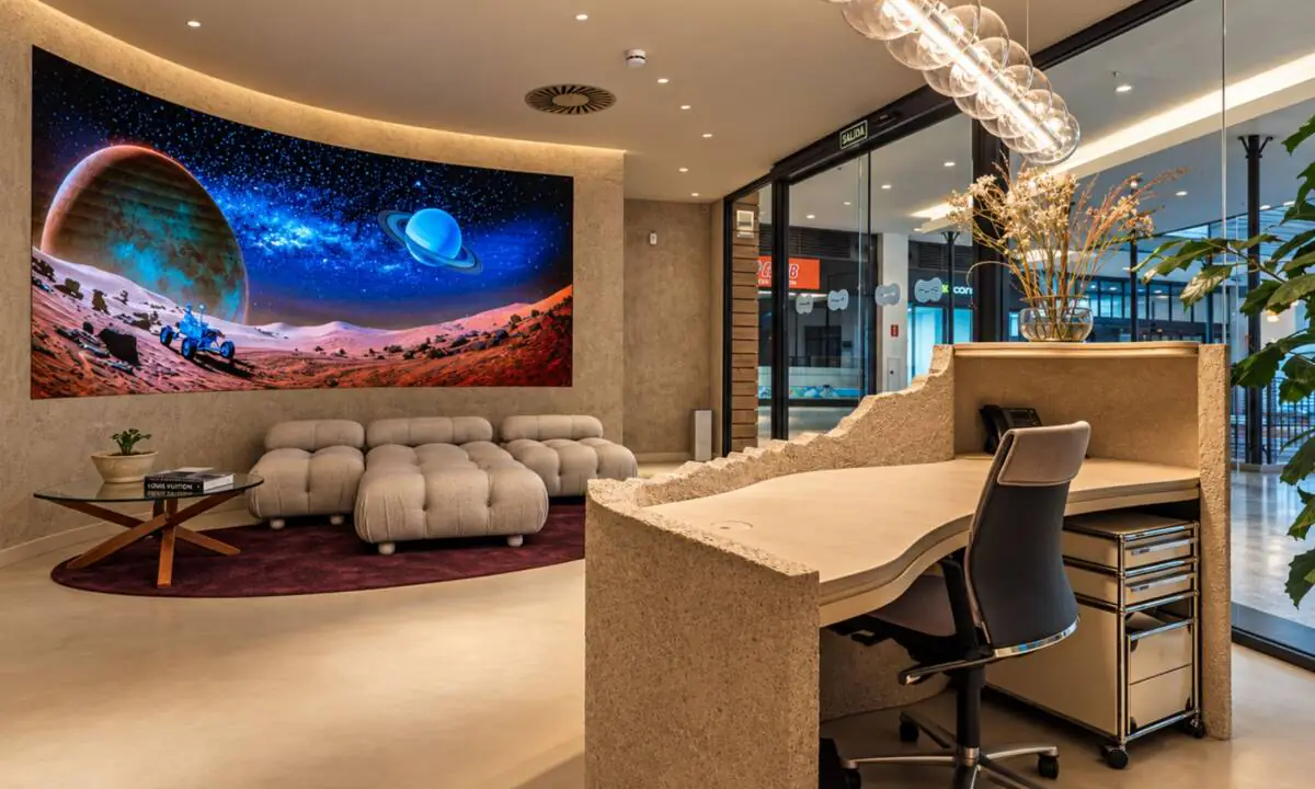 Zona de bienvenida a oficina con pantalla curva, sofá, mostrador y espacio de recepción