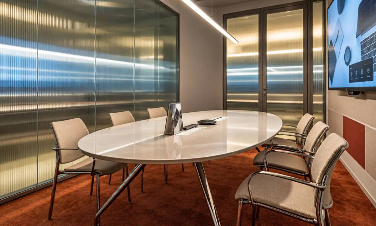 Sala de reuniones en oficina con mesa de gran formato, sillas y pantalla